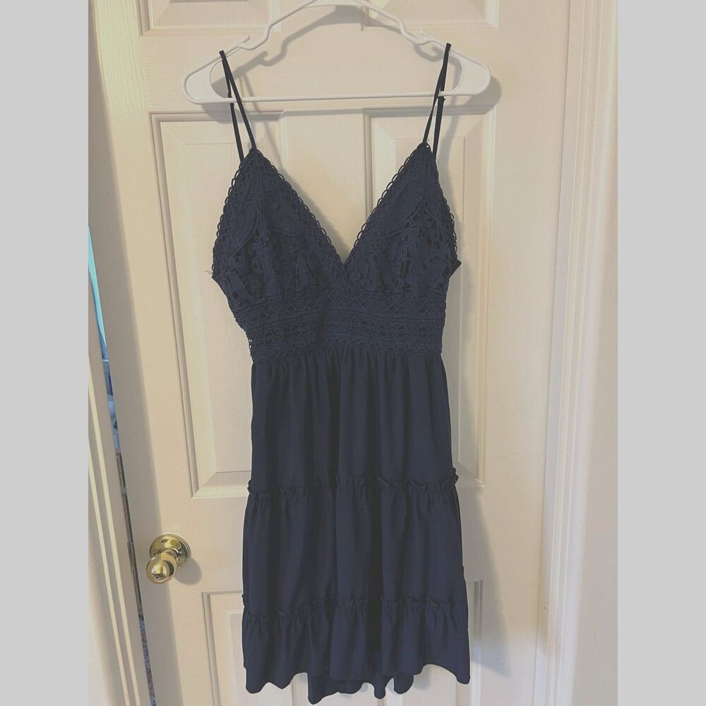 Navy Blue Lace Tiered Dress Backless Tie Sleeveless Large Unbranded Romantic